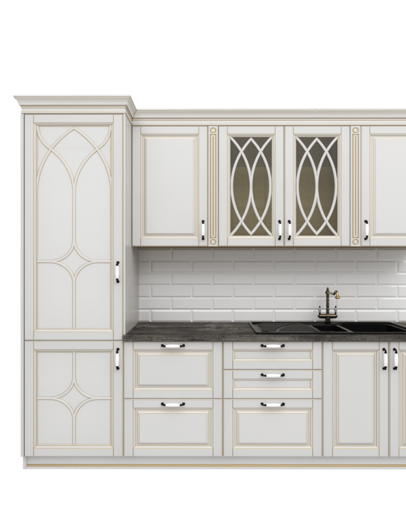 Фрезерованные МДФ фасады,. Кухни в классическом стиле это изысканность не подвласная времени. Патина или поталь подчеркнут дорогую отделку фасадов, а различные декоративные витрины создадут глубину игры света и тени
